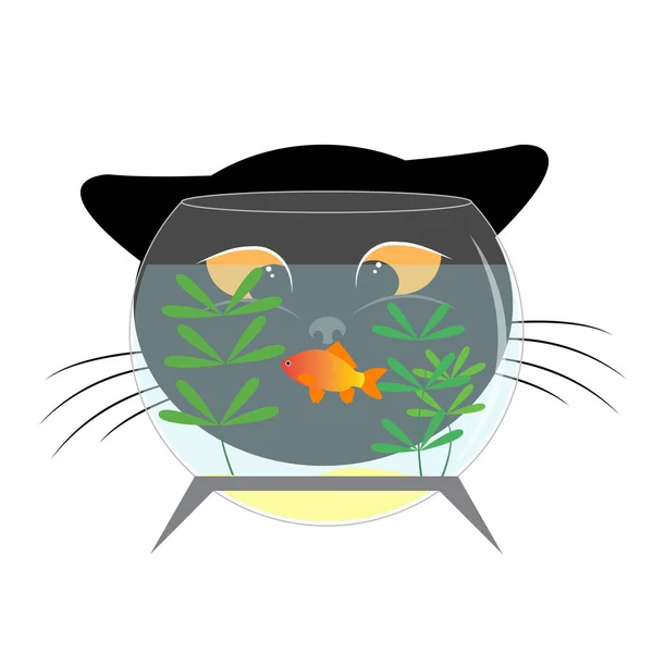 Czarny Kot Patrzy Złotą Rybkę Akwarium Ładna Postać Kreskówki Kot — Wektor stockowy