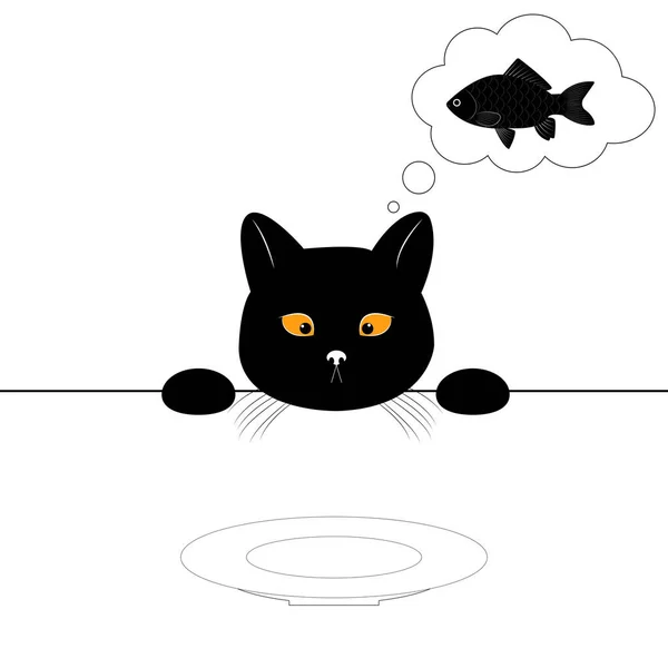 Triste Gato Negro Hambriento Mira Plato Vacío Sueña Con Pez — Archivo Imágenes Vectoriales