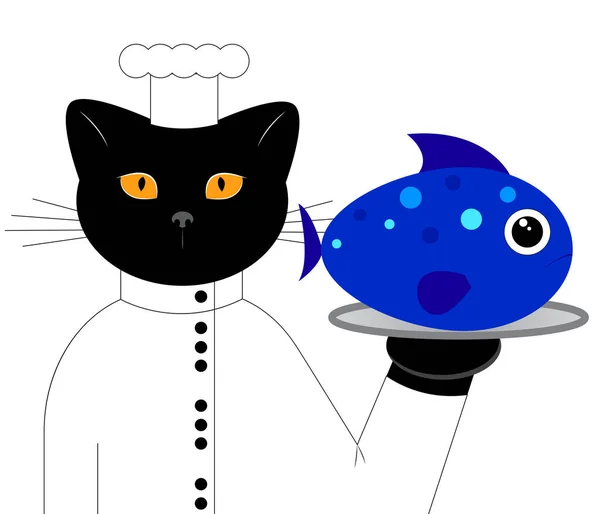 Lindo Cocinero Gato Negro Lleva Pescado Una Bandeja Personaje Dibujos — Archivo Imágenes Vectoriales