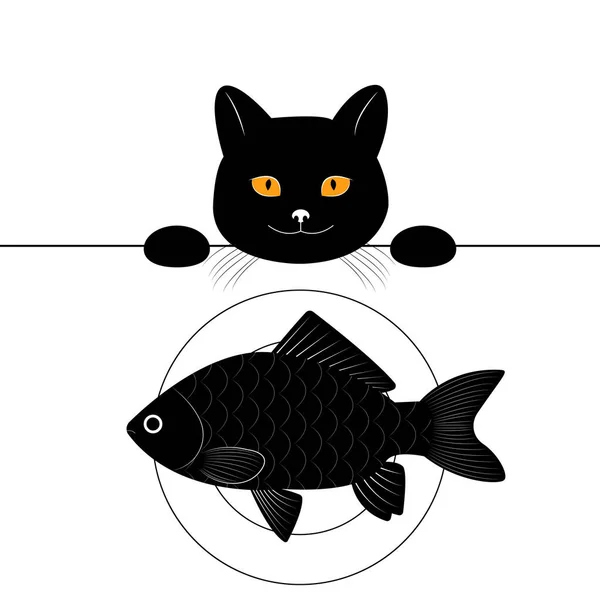 Black Cat Looks Table Wants Steal Fish Funny Cartoon Character — ストックベクタ