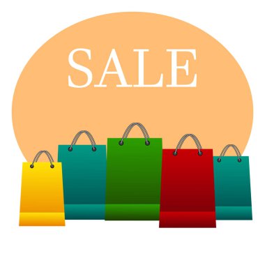 İndirim kartı. Bir sürü renkli kese kağıdı. Reklam için tasarım, afiş, broşür. Vektör illüstrasyonu beyaz arkaplanda izole edildi