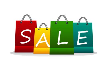 Satılık. Üzerinde yazı olan kağıt renkli bir çanta seti. İş konsepti. Pankart, reklam, broşür için tasarım. Vektör illüstrasyonu beyaz arkaplanda izole edildi