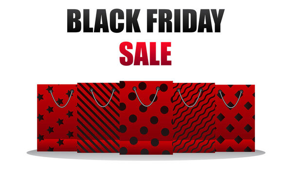 Черная пятница распродажа. Красная бумага, пакеты с узорами. Дизайн баннера, брошюры, рекламы. Маркетинговый Векторная иллюстрация на белом фоне