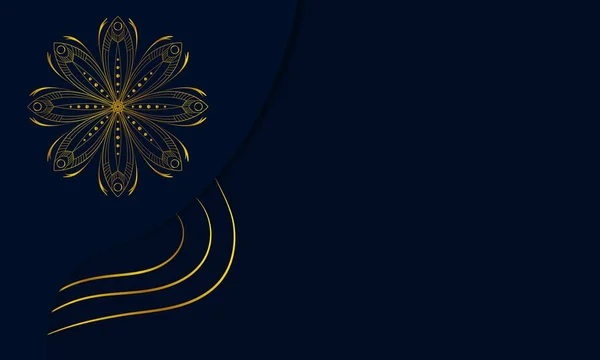チラシ 招待状 グリーティングカードのデザイン テキスト用の場所とバナー 濃い青の背景に黄金の曼荼羅 ベクターイラスト — ストックベクタ