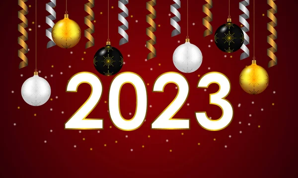 Happy New Year 2023 Festive Design Christmas Decorations Balls Streamer — Vetor de Stock