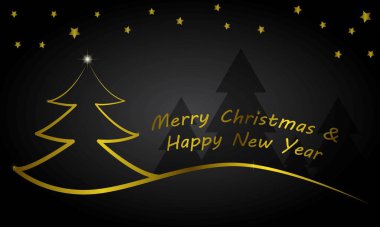 Geçmiş şenlikler, mutlu Noeller ve mutlu yıllar. Gece gökyüzünün arka planına karşı altın Noel ağacı. Kartpostal, davetiye ve pankart için tasarım. Vektör illüstrasyonu