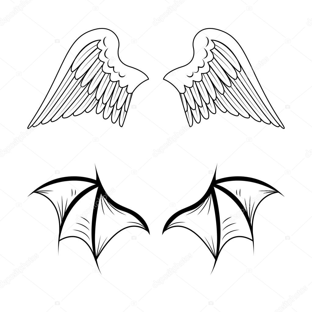 Angel and demon wings sketch vector. Wing, feathers of a bird, swan, eagle. Bat, line art collection of vampire silhouettes. Showing gargoyle, demon, devil doodle. Sketches for a tattoo