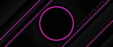 Fütürist teknoloji soyut siyah zemin, pembe neon parlak çizgiler ve daire şeklinde. Vektör tasarımı