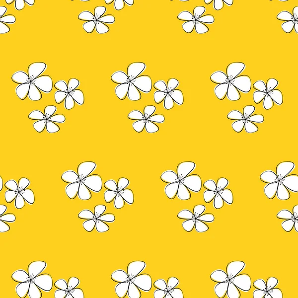 Sarı Arka Planda Sakura Desenli Kusursuz Çiçek Deseni Tekstil Desenleri — Stok Vektör