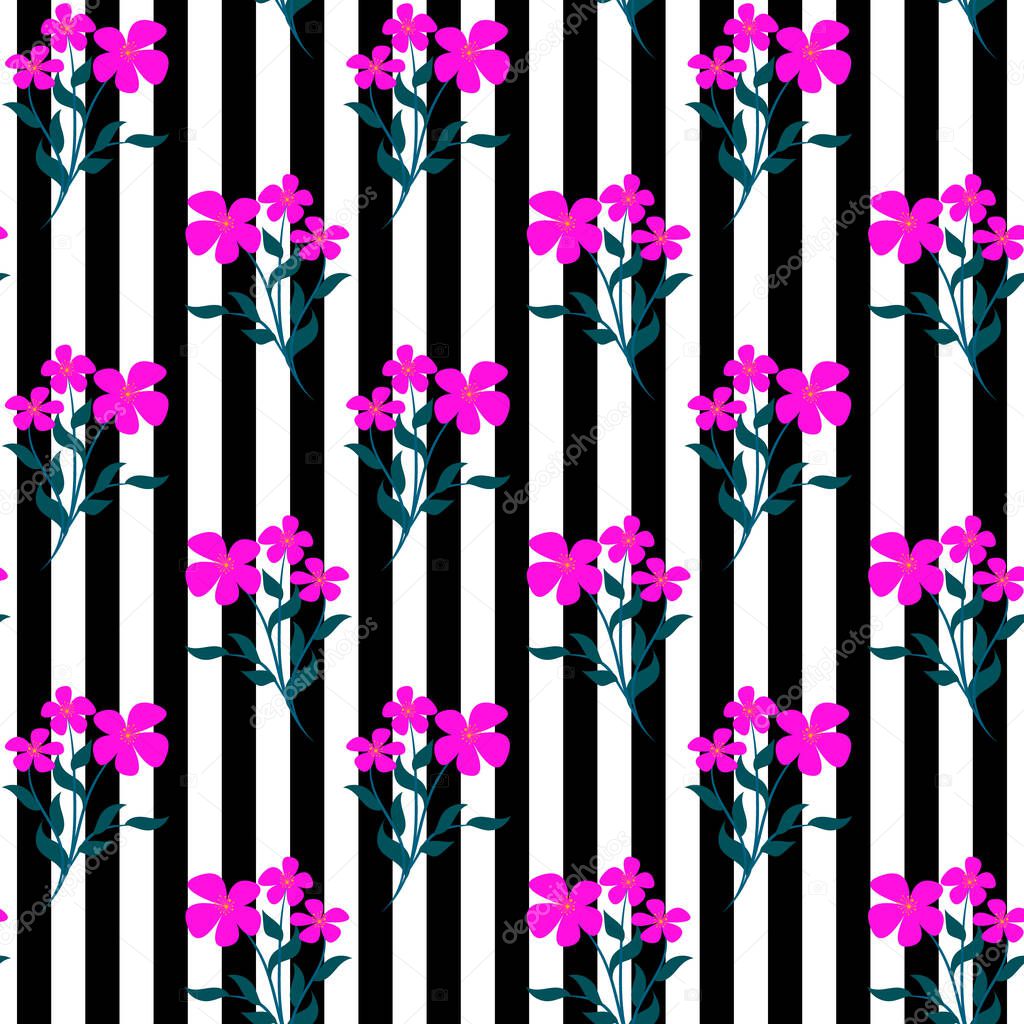 Trendy seamless vector floral pattern of pink flowers on a black and white striped background. Summer and spring motives. Stock vector illustration.