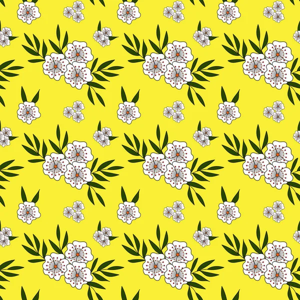 Naadloos Vintage Patroon Prachtige Witte Bloemen Donkergroene Bladeren Een Gele — Stockvector