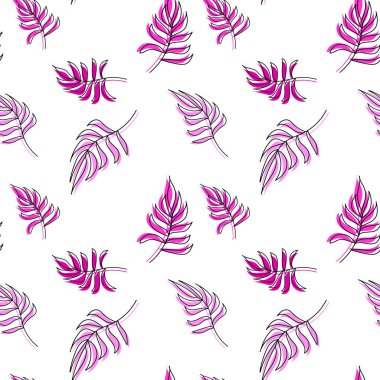Kusursuz vektör desenli palmiye, arka planda pembe yaprak ve çizgiler bırakır. Tekstil, ambalaj, kumaş, duvar kağıtları, arka planlar, davetiyeler için. Yaz tropikleri. Vektör illüstrasyonu