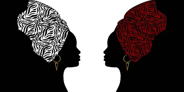 2人の美しいアフロ女性の肖像画 シェンボレンアンカラヘッドラップ女性のアフリカの伝統的なターバンヘッドラップスカーフケントヘッドは アフリカの部族ファブリックデザインを包みます ベクターアイコンロゴテンプレートパンフレット背景 — ストックベクタ