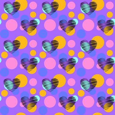 Çemberler ve kalpler içinde vektör geçmişi. Geometrik desen. Kumaş, ambalaj kağıdı, ambalaj kağıdı, duvar kağıdı, arka plan için tasarım. Vektör illüstrasyonu