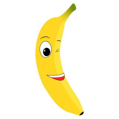 Gülümseyen göz kırpan muzun vektör çizim karakteri. Neşeli sarı muz. Tişört için baskı tasarımı. Vektör illüstrasyonu