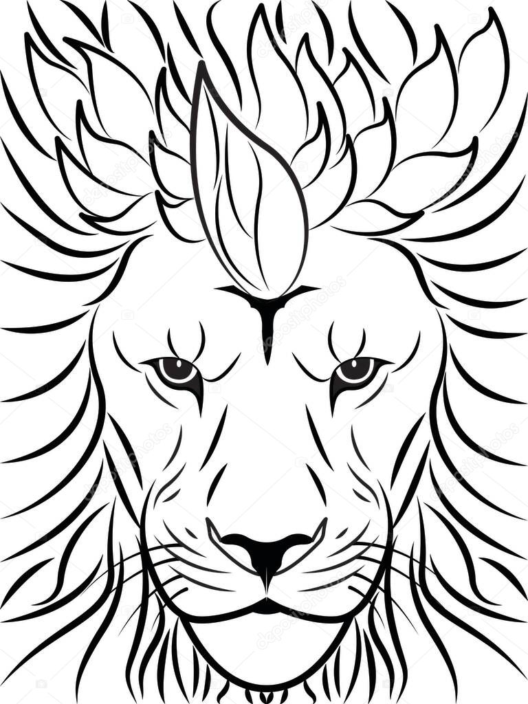 Lion black and white silhouette. Portrait of a lion. Sketch. Linear illustration. Design for tattoo, sticker, logo. Vector illustration