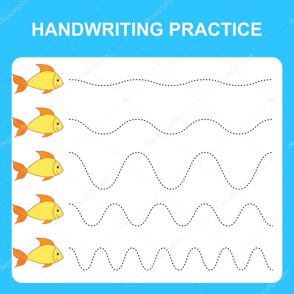 Handwriting practice sheet. Educational children game, restore the dashed line. Writing training printable worksheet with with wavy lines and fish. Vector illustration