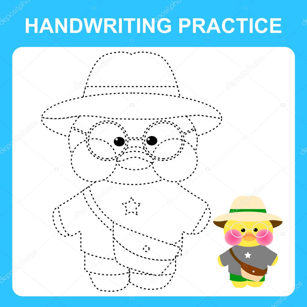 Handwriting practice. Trace the lines and color the Lalafanfan duck wearing a hat. Educational kids game, coloring book sheet, printable worksheet. Vector illustration