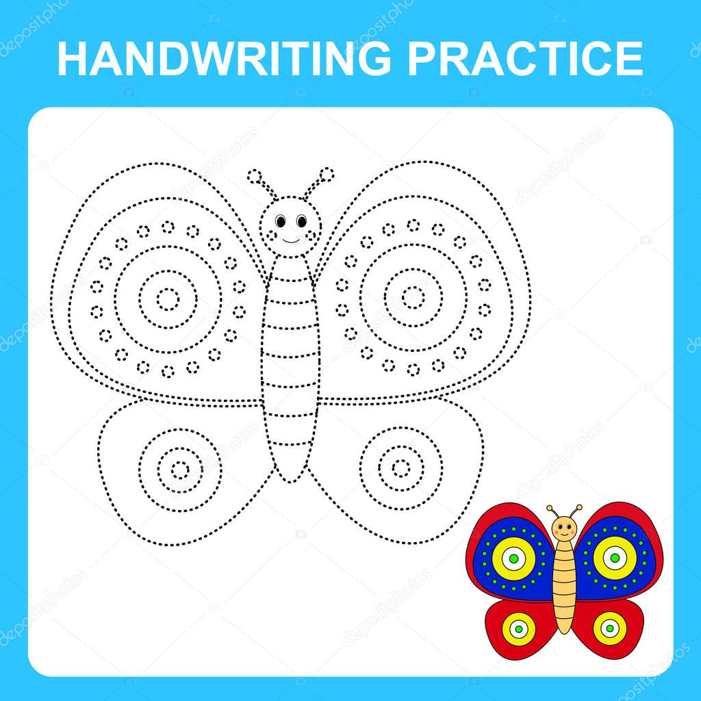 Handwriting practice. Trace the lines and color the butterfly. Educational kids game, coloring book sheet, printable worksheet. Vector illustration