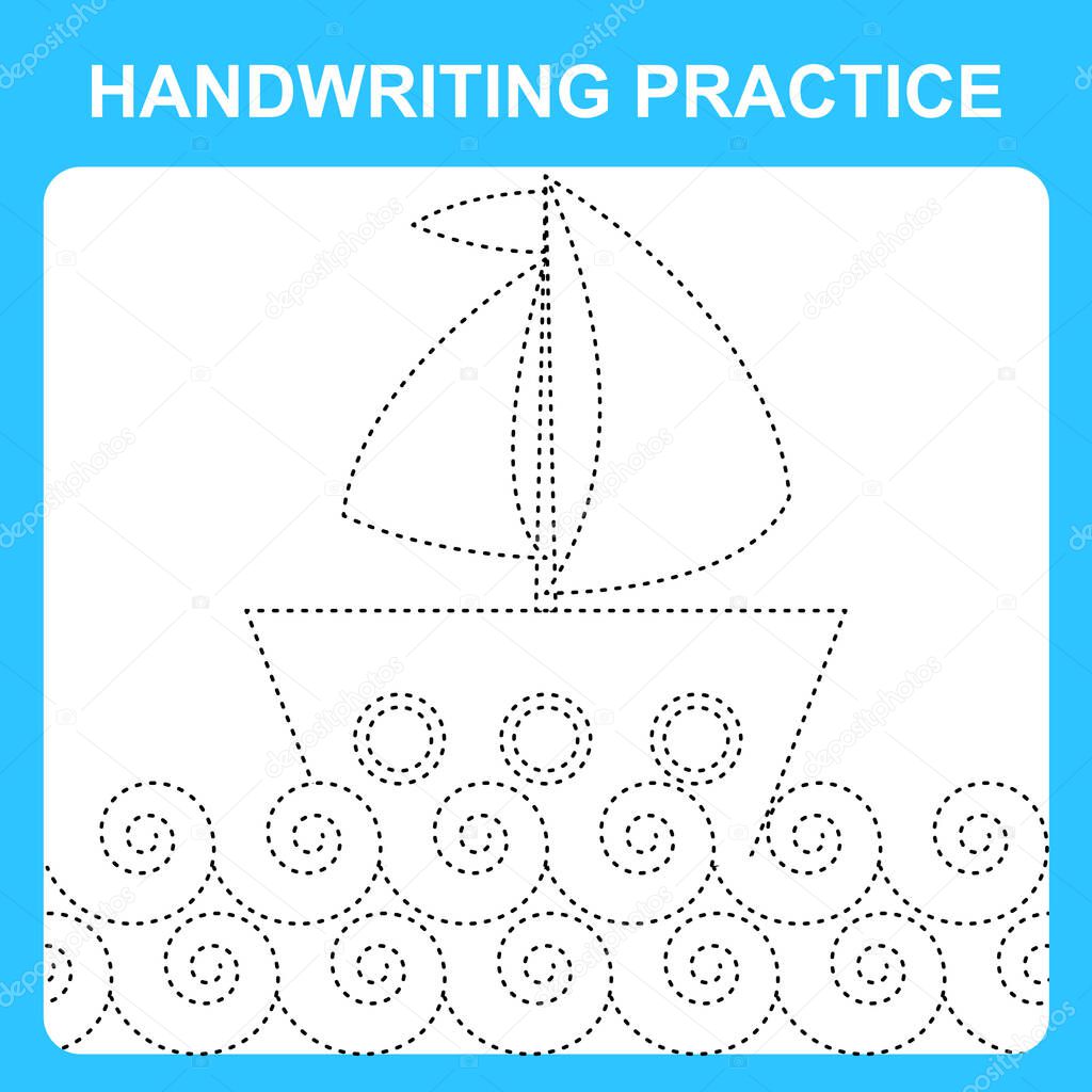 Handwriting practice. Trace the lines and color the ship and waves. Educational kids game, coloring book sheet, printable worksheet. Vector illustration
