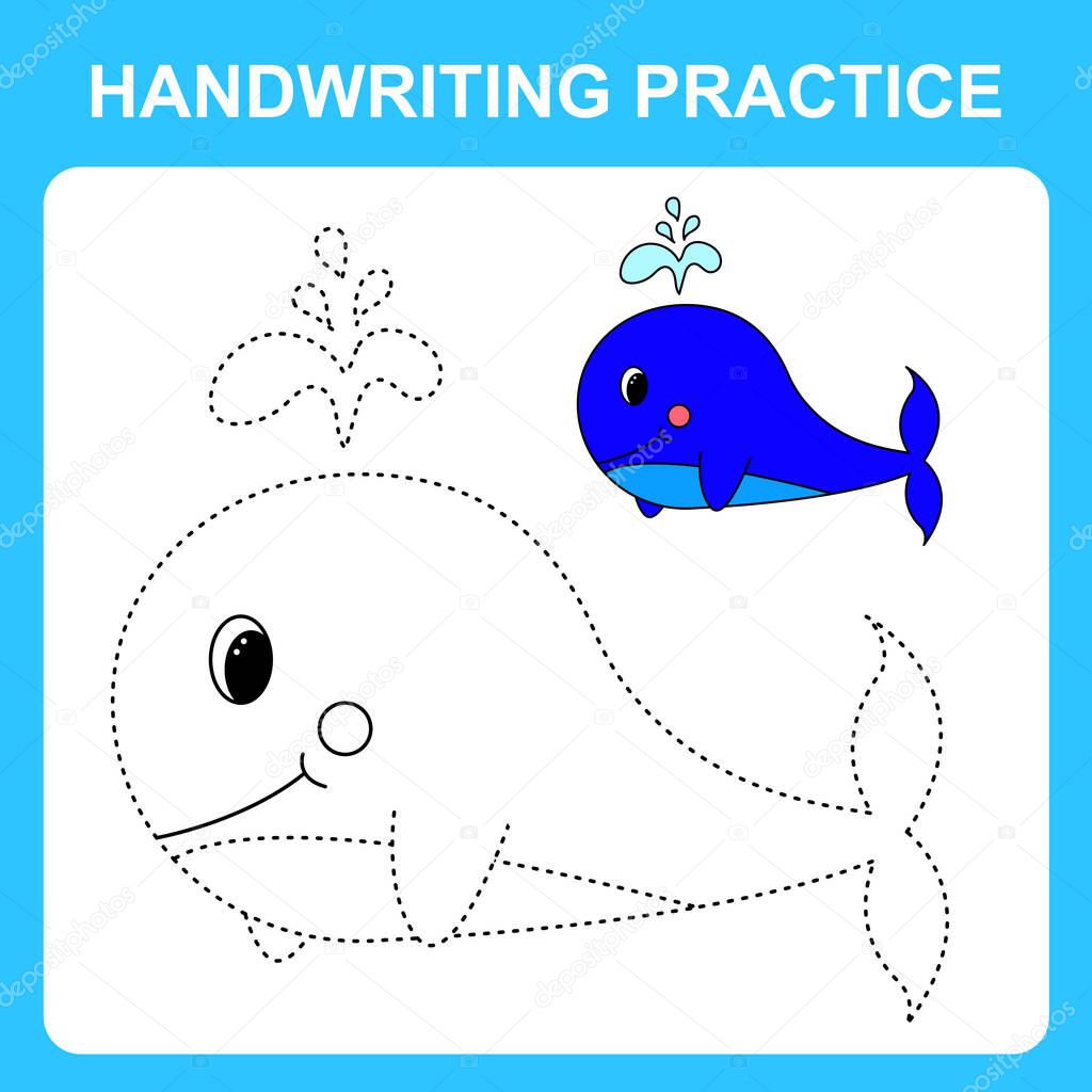 Handwriting practice. Trace the lines and color the whale. Educational kids game, coloring book sheet, printable worksheet. Vector illustration