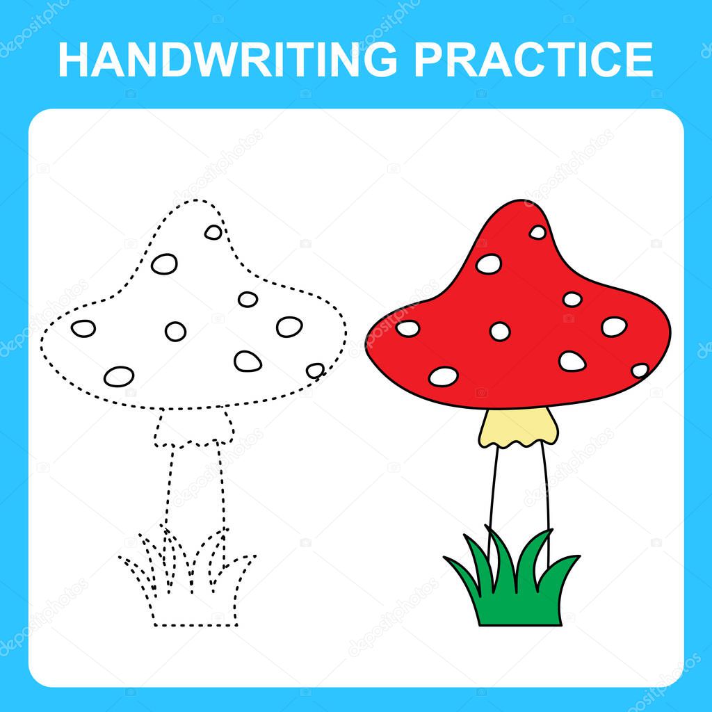Handwriting practice. Trace the lines and color the fly agaric mushroom. Educational kids game, coloring book sheet, printable worksheet. Vector illustration