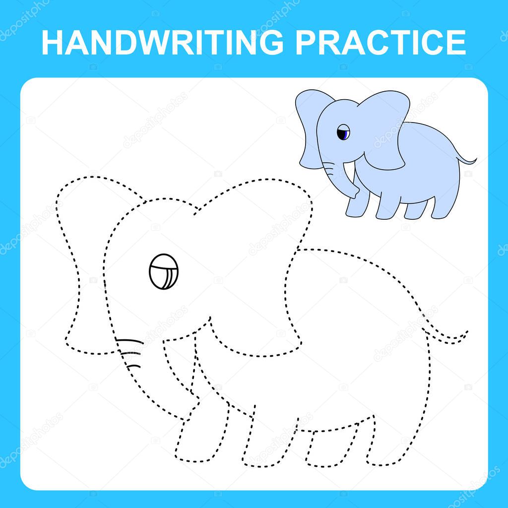 Handwriting practice. Trace the lines and color the elephant. Educational kids game, coloring sheet, printable worksheet. Vector illustration