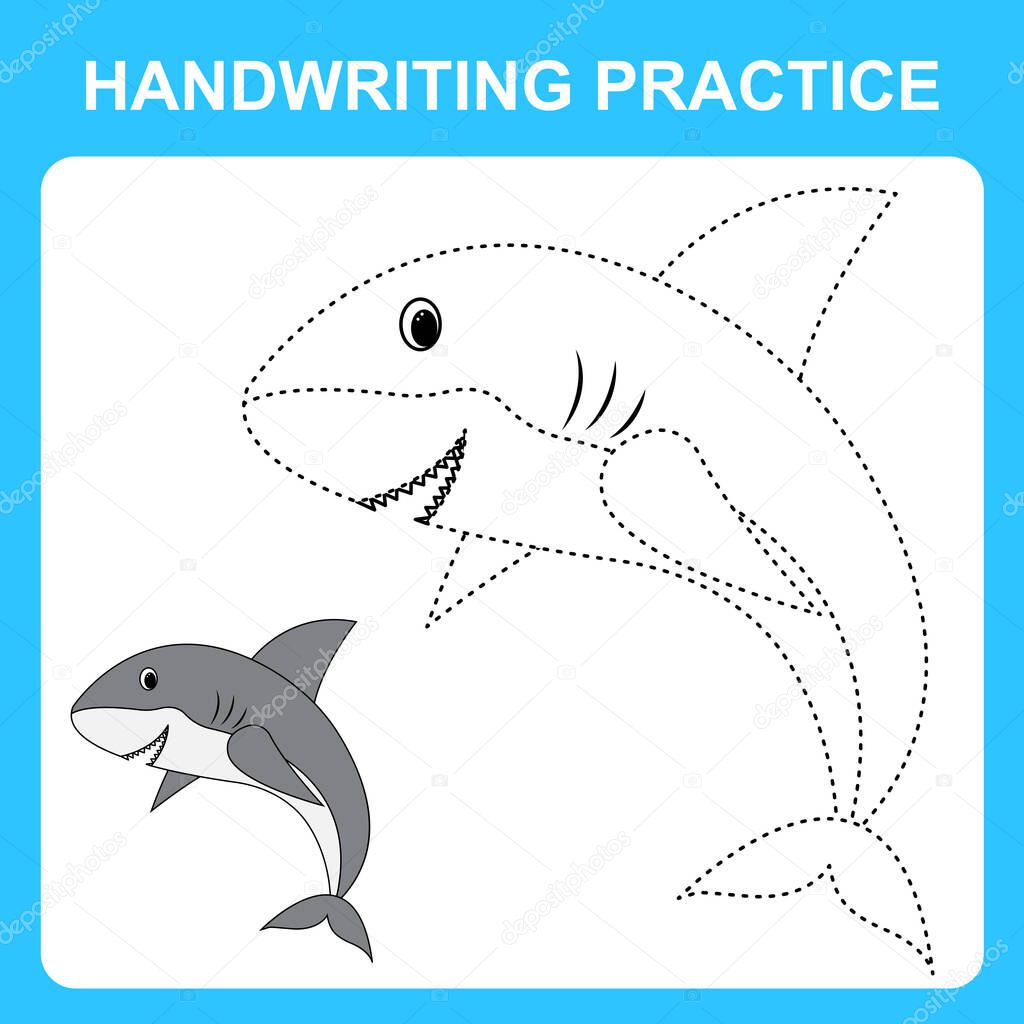 Handwriting practice. Trace the lines and color the shark. Educational kids game, coloring sheet, printable worksheet. Vector illustration