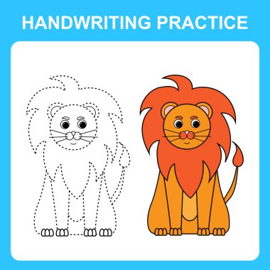 Handwriting practice. Draw lines and color the lion. Educational kids game, coloring sheet, printable worksheet. Vector illustration