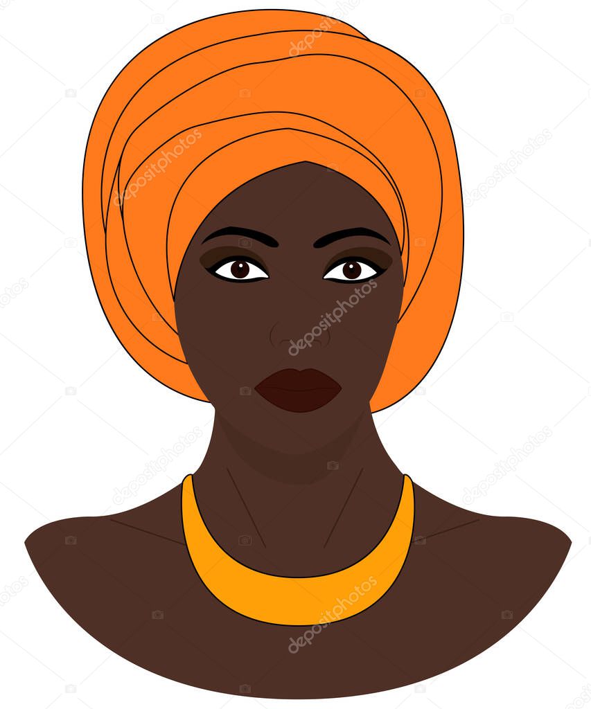 Portrait of the beautiful black woman in a bright turban. Color drawing. Vector illustration isolated on a white background.Template for use.