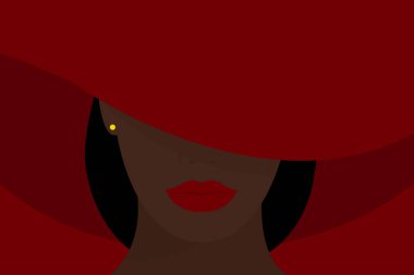 Siyah saçlı, geniş kenarlı kırmızı şapkalı genç bir Afro-Amerikalı kadın yüzünü örtüyor. Kırmızı arka planda siyah, güçlü bir kız. Vektör illüstrasyonu