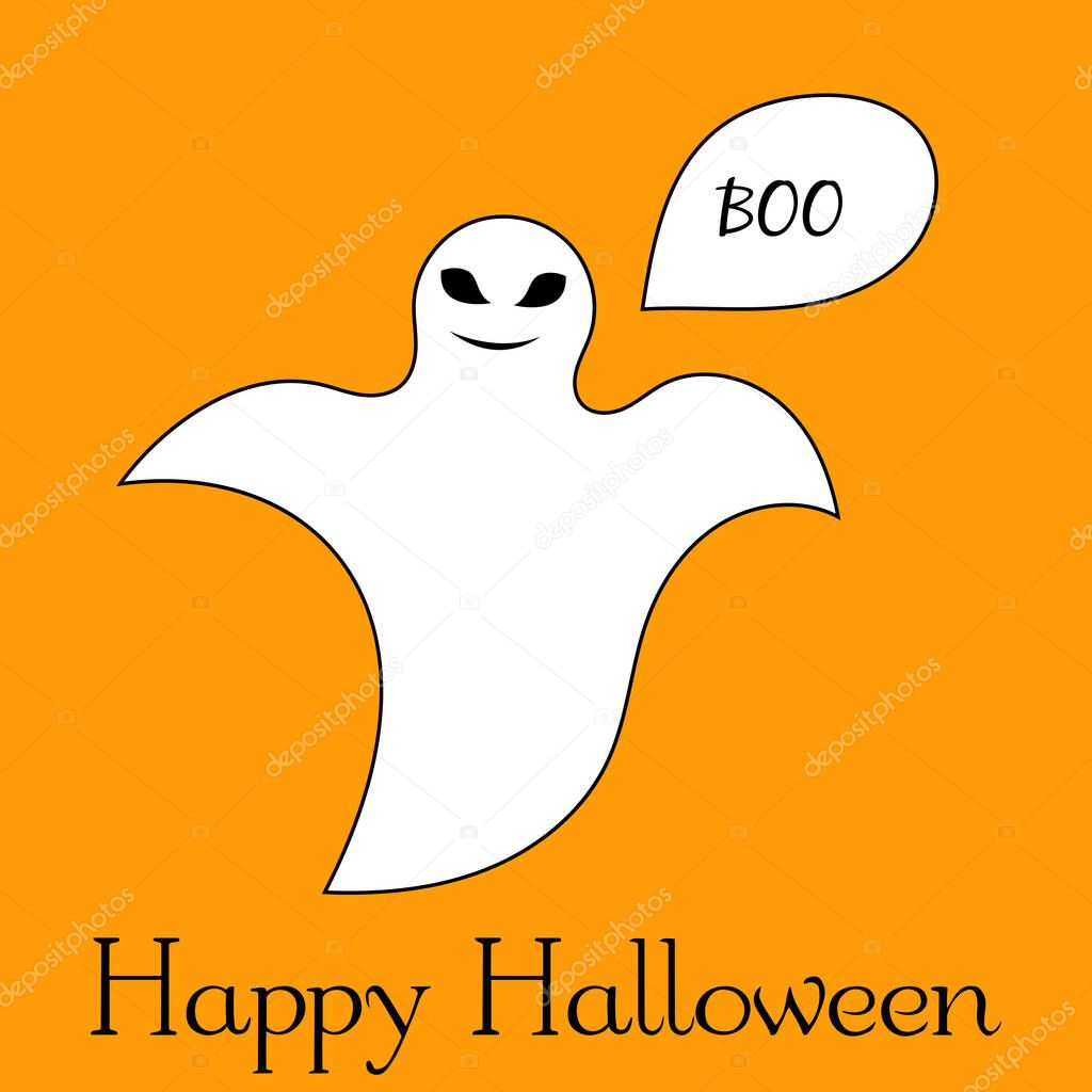 Flying ghost spirit. Happy Halloween. Scary white ghosts. Cute cartoon spooky character. Smiling face, hands. Orange background Greeting card. Flat design. Vector illustration