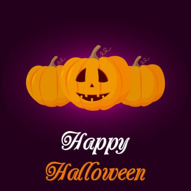 Mutlu Cadılar Bayramı! Gülümseyen turuncu balkabakları. Kartpostal, çıkartma, afiş, el ilanı için tasarım. Vektör illüstrasyonu