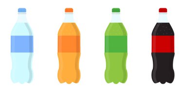 Tatlı su plastik soda, limon, portakal ve su hazırla. Şişedeki içecekler. Plastik içecek şişesi ikonu seti. Düz vektör simgesi
