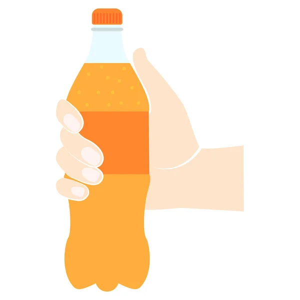 Garrafa Laranja Segurando Mão Bebida Refrescante Desenho Plano Ilustração Vetorial — Vetor de Stock