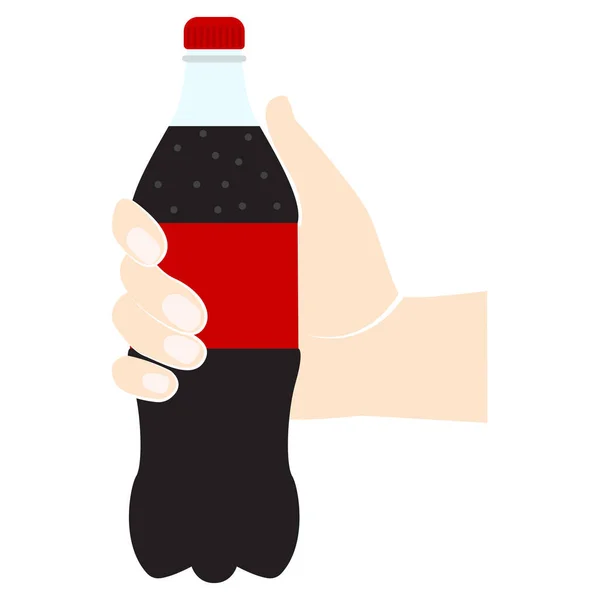 手中拿着一瓶苏打水的黑色轮廓 可乐在塑料焦油象形文字 快餐饮料的象征 碳酸饮料 更新可乐或苏打水 矢量平面设计 因白人背景而被隔离 — 图库矢量图片