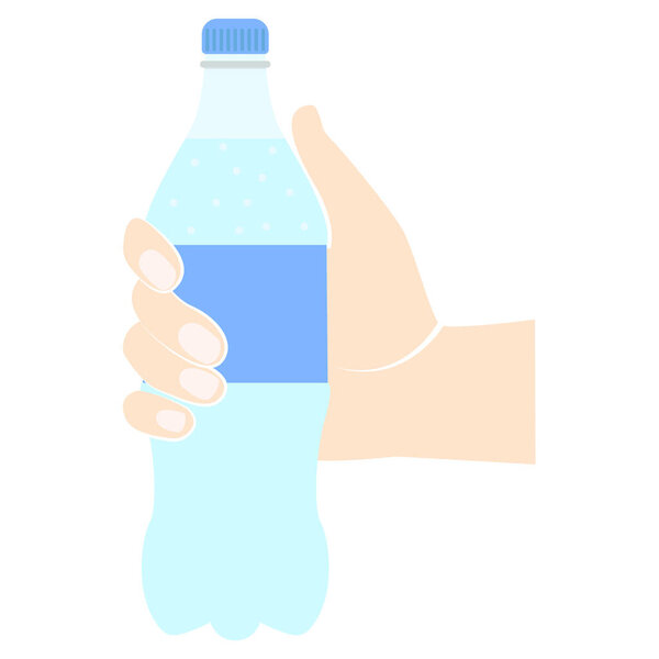 Icon bottle of water hold in hand. Water in plastic tarre pictogram. Vector flat design. Isolated on white background. Fast food drink symbol. Carbonated water