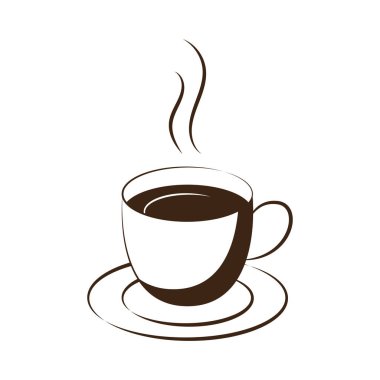 Bir fincan sıcak içecek (çay, kahve, kakao, vs.). Poster, kart, çıkartma, kafe ya da kafe logosu, menü için tasarım. Rahatlama kavramı, kahve molası. Vektör illüstrasyonu beyaz arkaplanda izole edildi