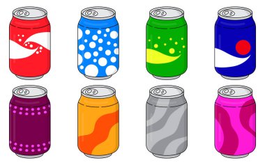 Renkli alüminyum kutulardaki soda beyaz arkaplanda izole edilmiş simgeler oluşturur. Alkolsüz içecek tabelası. Farklı aromalı karbonatlı alkolsüz su. Renkli ambalajlarda içecekler. Vektör illüstrasyonu