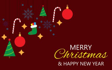 Mutlu Noeller ve mutlu yıllar tebrik kartı ya da afiş tasarımı. Şeker, Noel ağacı, Noel balosu, hediyeli çorap ve bordo bir arka planda kar tanesi. Vektör illüstrasyonu