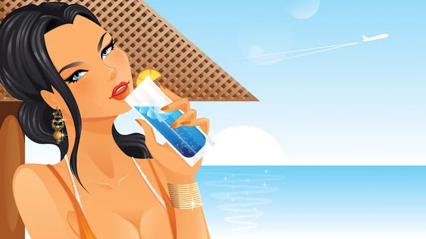 Hermosa mujer bebiendo cóctel en la playa — Vector de stock