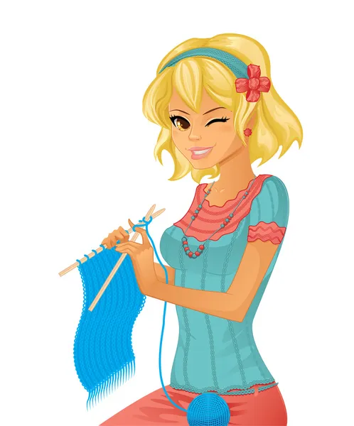 Pretty girl knitting — Stockvector