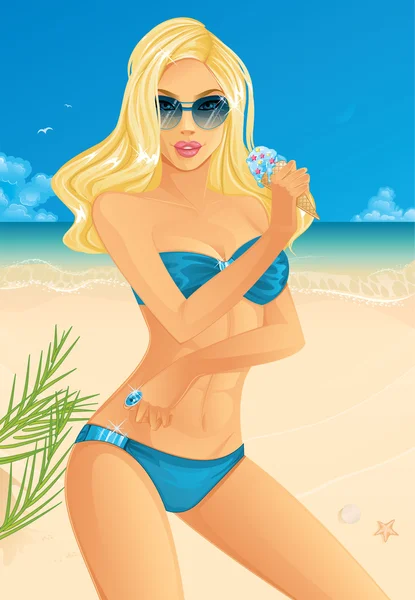 Mujer sexy relajándose en la playa — Vector de stock