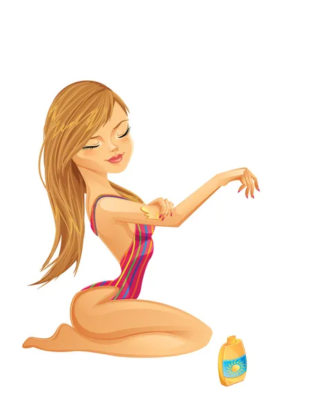 Young woman applying sunscreen — Stock Vector