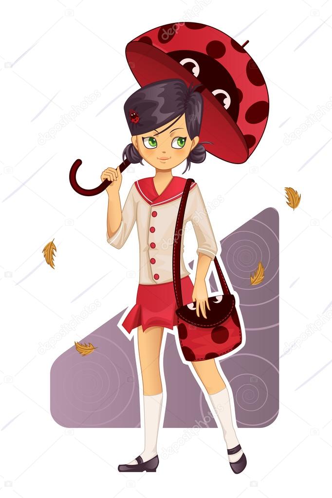 School girl in uniform with ladybug umbrella and bag