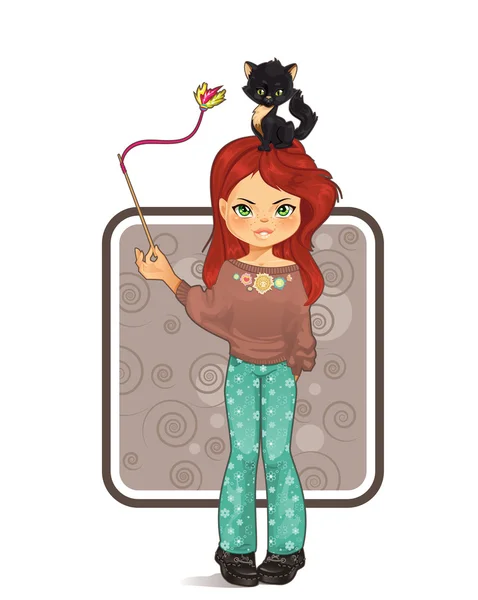 Linda chica jugando con el gato — Vector de stock