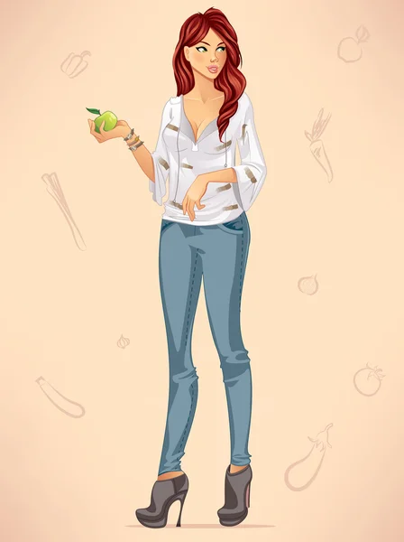 Mujer sosteniendo una manzana — Vector de stock