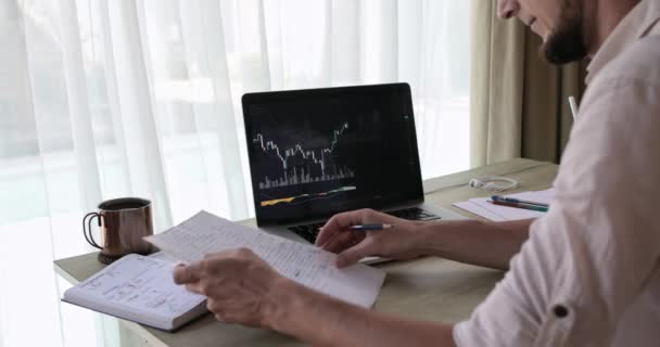 Crop barbudo analista tomando notas en un portapapeles mirando en un gráfico de comercio — Vídeos de Stock