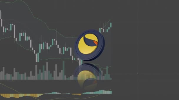 Luna terra Kryptomünzsymbol auf dem grauen Hintergrund eines fallenden Graphen — Stockvideo