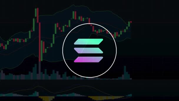 Zoom in di solana crypto coin simbolo su un grafico di trading crescente video astratto — Video Stock